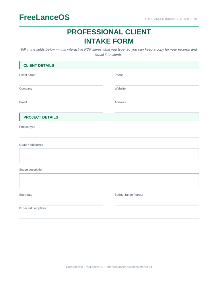 Client Intake Form — FreeLanceOS template preview