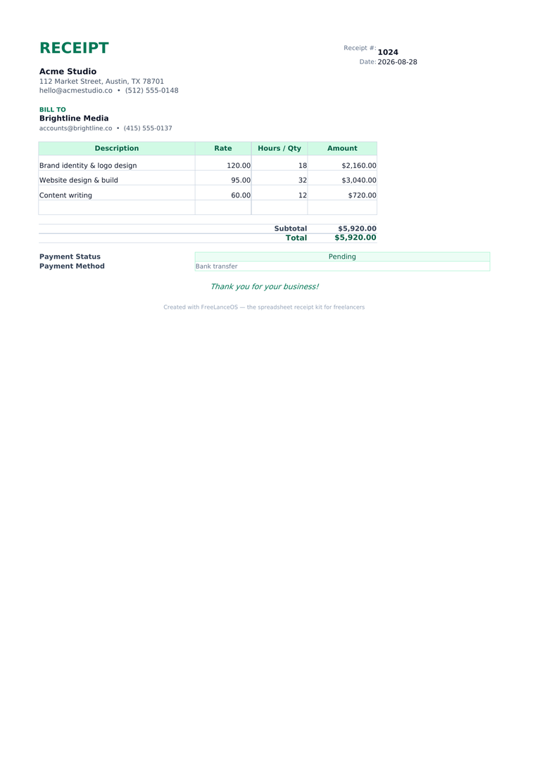 Invoice — FreeLanceOS template preview