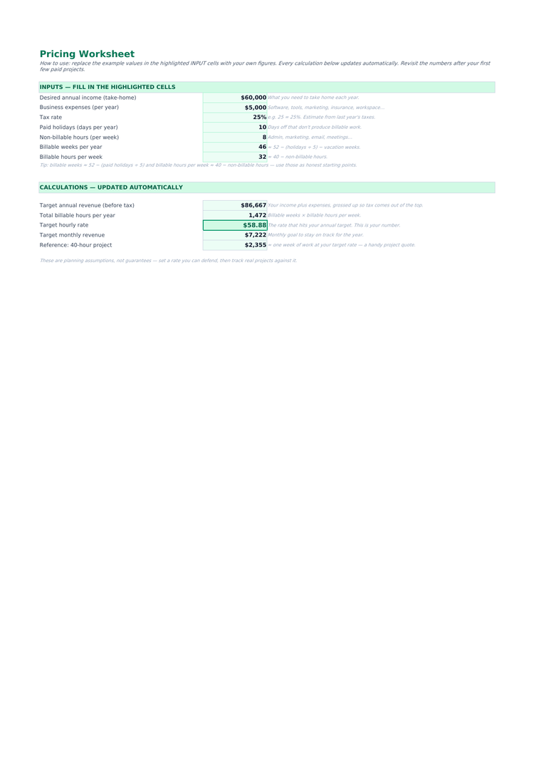 Pricing Worksheets — FreeLanceOS template preview